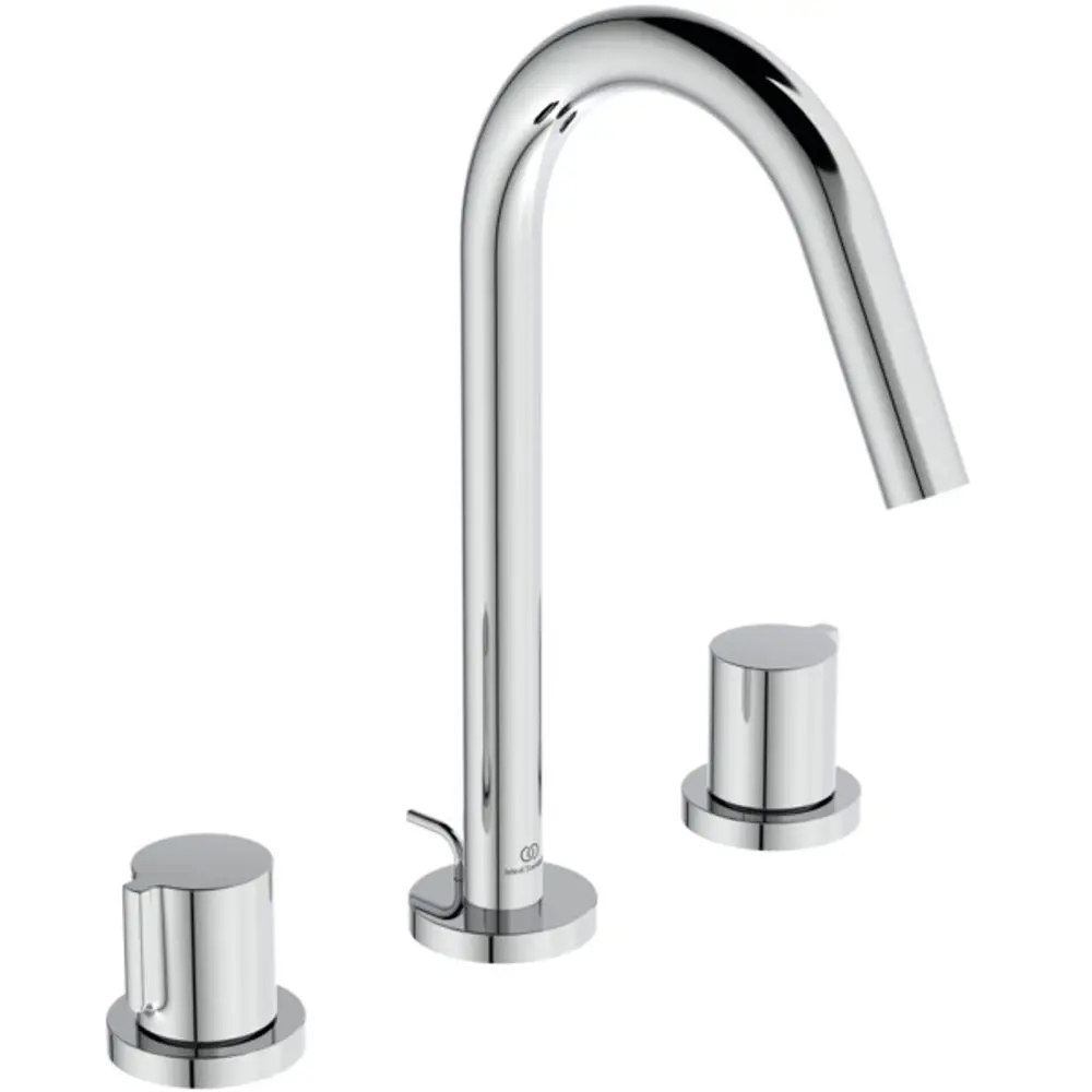 Drei-Loch Waschtischarmatur in Chrom-Optik von Ideal Standard. Sie besteht aus einem hohen Auslauf und zwei seitlichen Bedienelementen für Temperatur und Wasserfluss.